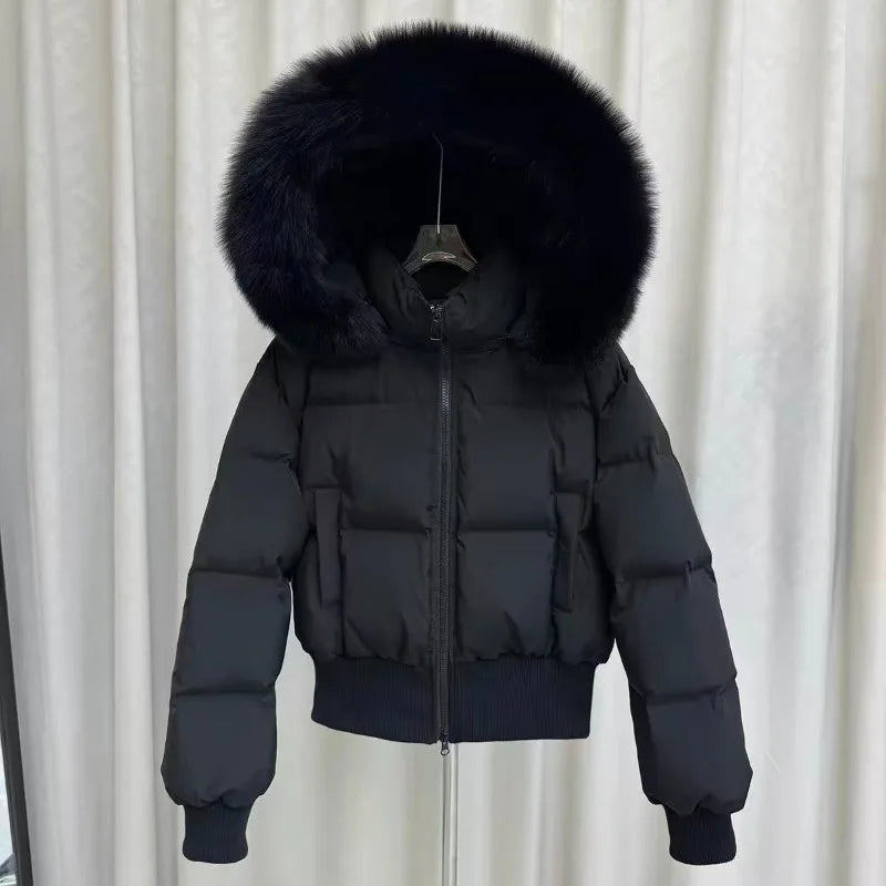 American Vintage Faux Fur Hooded Coat Women Retro Solid Slim Jaket Winter Casual Warm Fashion Long Sleeve Crop Puffer Coat New