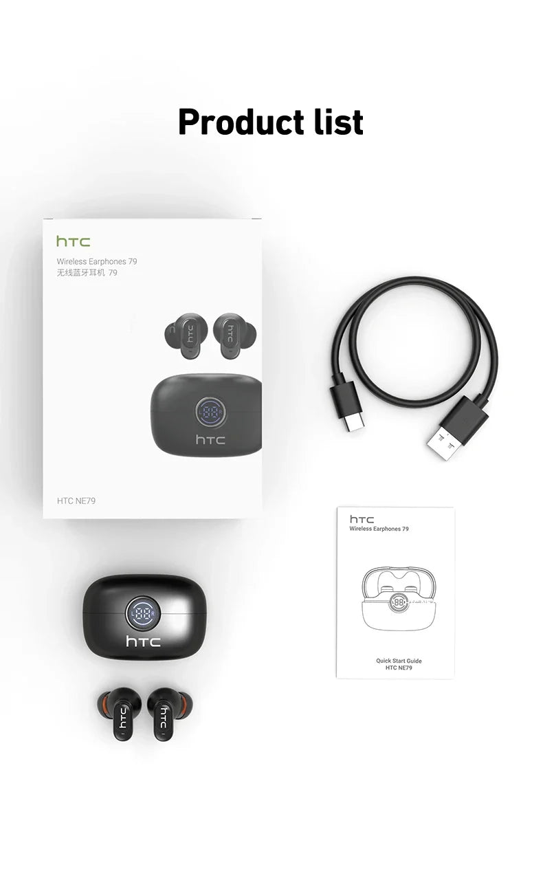 HTC NE79 TWS Bluetooth 6.0 Earbuds AI Translation 135 Languages ENC Noise Cancelling HiFi Stereo Headphones with LED Display